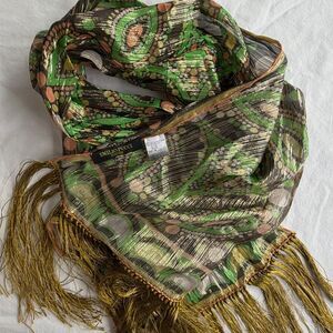 Emilio Pucci Firenze Metallic Silk Scarf Fringe Green Gold